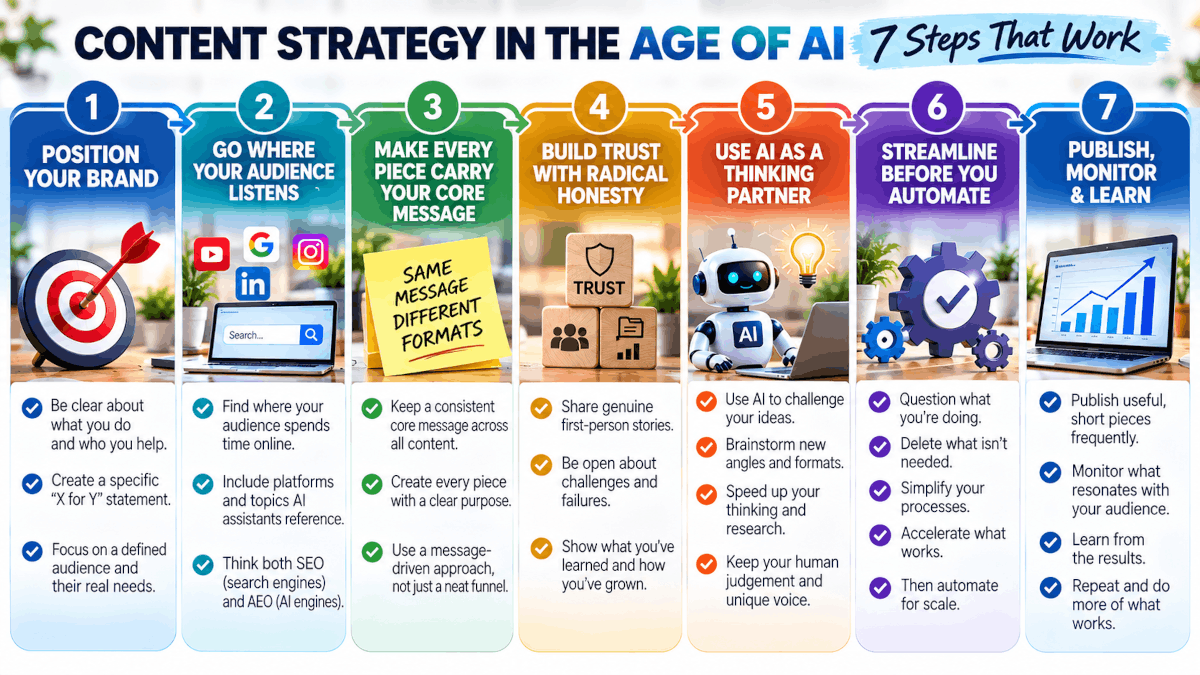 Infographic showing the 7 steps of a content strategy in the age of AI, from positioning your brand to publishing and learning