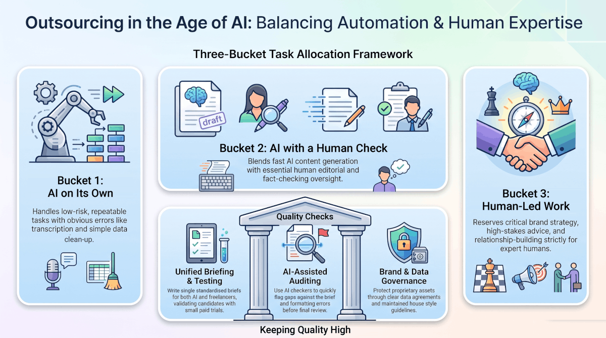 Infographic on outsourcing in the age of AI, showing three buckets for AI-only, AI with human review and human-led work, plus three quality checks.