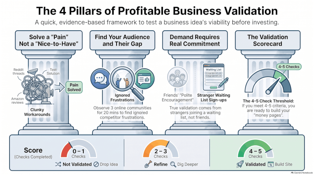 Infographic of the four pillars of business idea validation: a real problem, an existing audience, competition and willingness to pay.