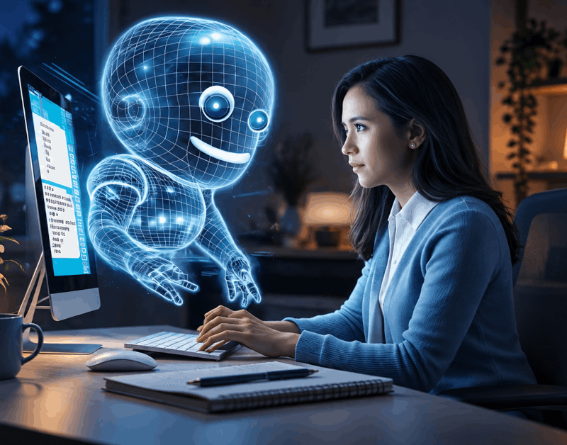 A woman works at her desk while a friendly holographic AI assistant floats beside her screen, showing outsourcing in the age of AI.