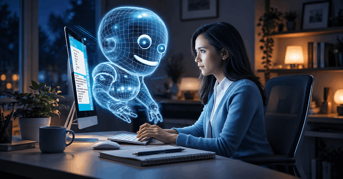 A woman works at her desk while a friendly holographic AI assistant floats beside her screen, showing outsourcing in the age of AI.
