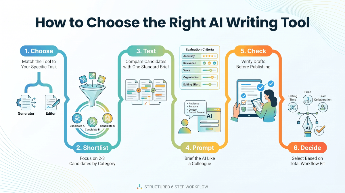 Six-step infographic on how to choose the right AI writing tool: match the tool to your task, shortlist two or three candidates, test them with one brief, brief the AI like a colleague, check drafts before publishing and decide on workflow fit.