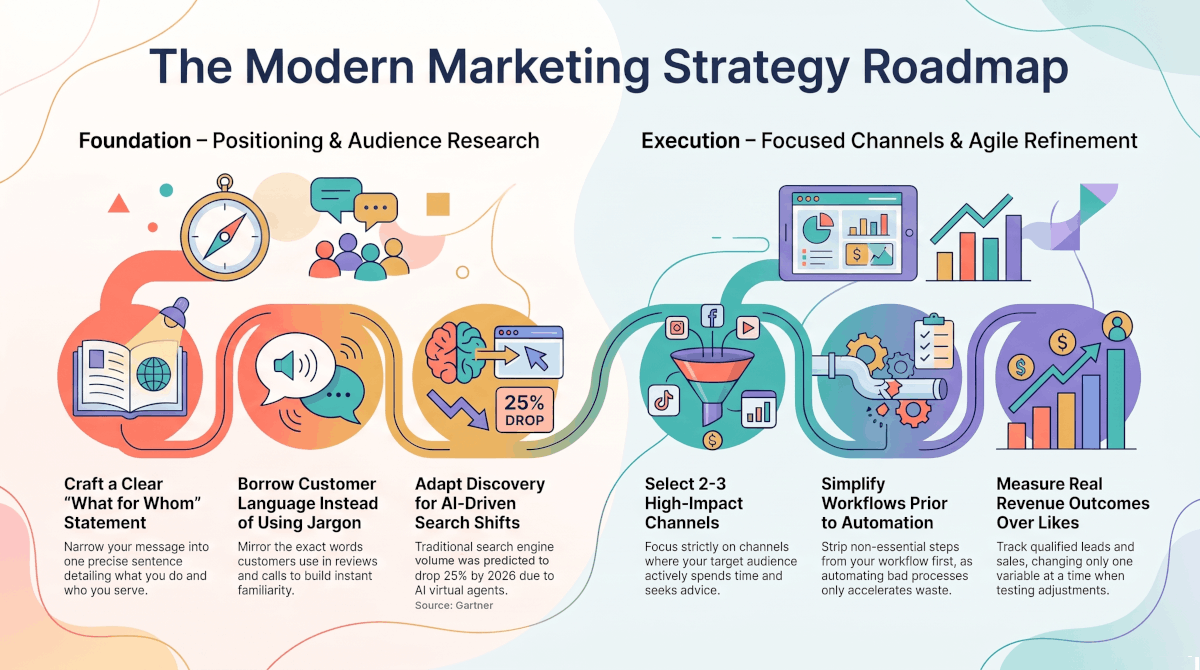 The Modern Marketing Strategy Roadmap infographic showing six stages of marketing strategies, from a clear what-for-whom statement to measuring real revenue outcomes