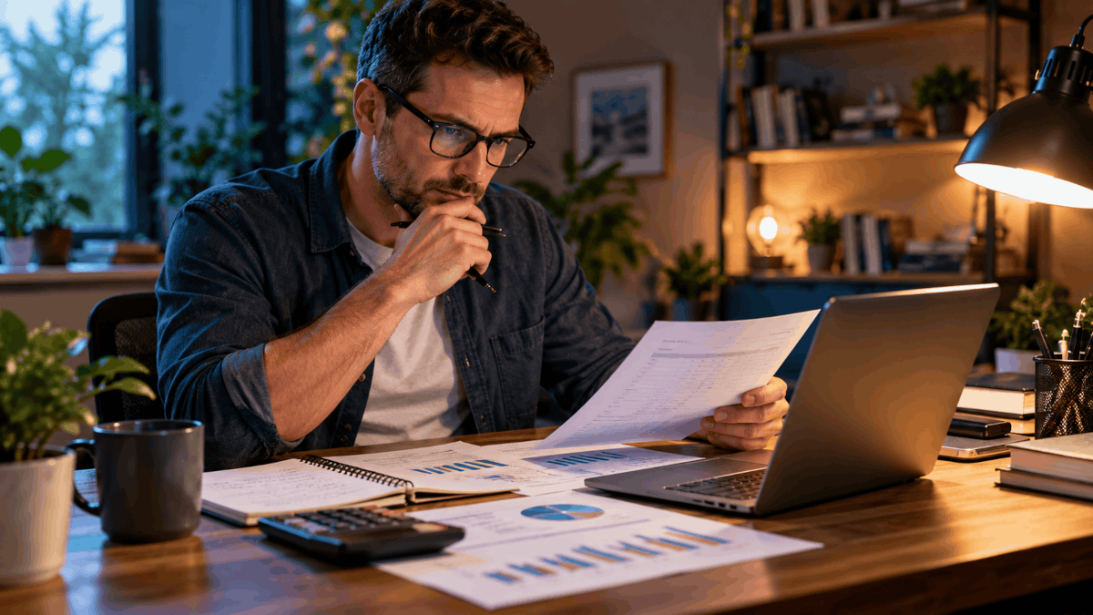 Man at a desk at home reviewing financial reports and charts beside a laptop and calculator, planning a new business